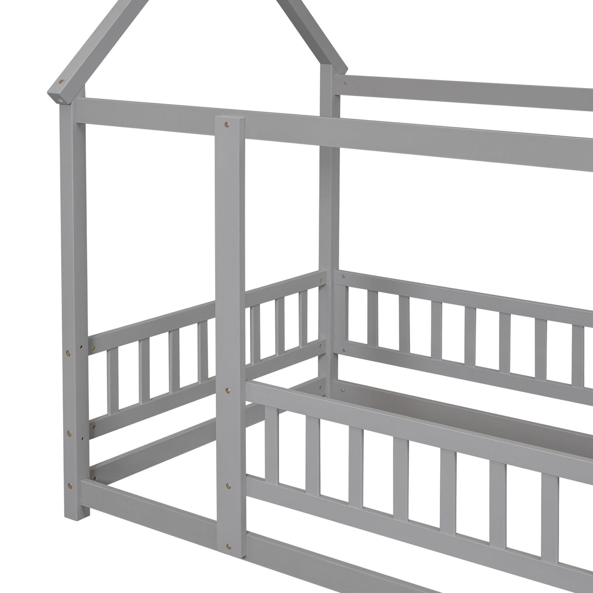 Twin Size Floor Wooden Bed with House Roof Frame, Fence Guardrails,Grey - Korvel