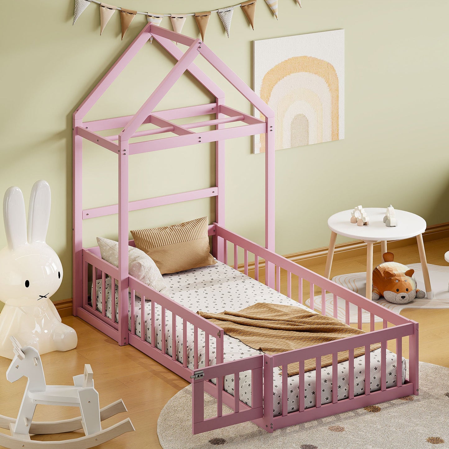 Wooden Twin Size Children's Bed with Detachable Headboard, Pink