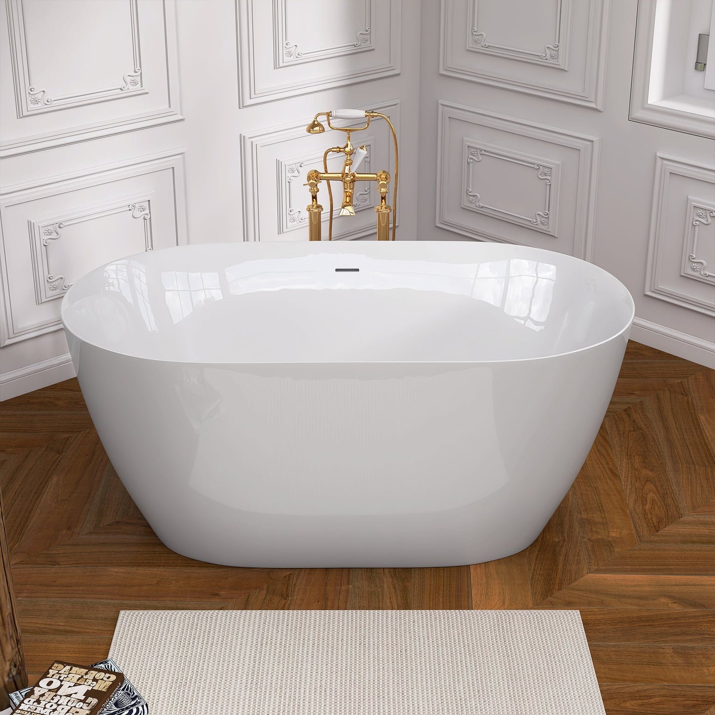 51 Inch Acrylic Freestanding Bathtub Contemporary Soaking White Tub with Overflow and Pop-up Drain Glossy White - Korvel