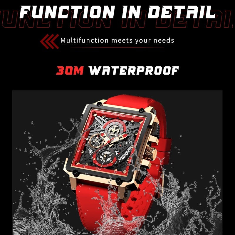 Lige New Men's Watch Square Multifunction Chronograph 30M Waterproof Watch - Korvel