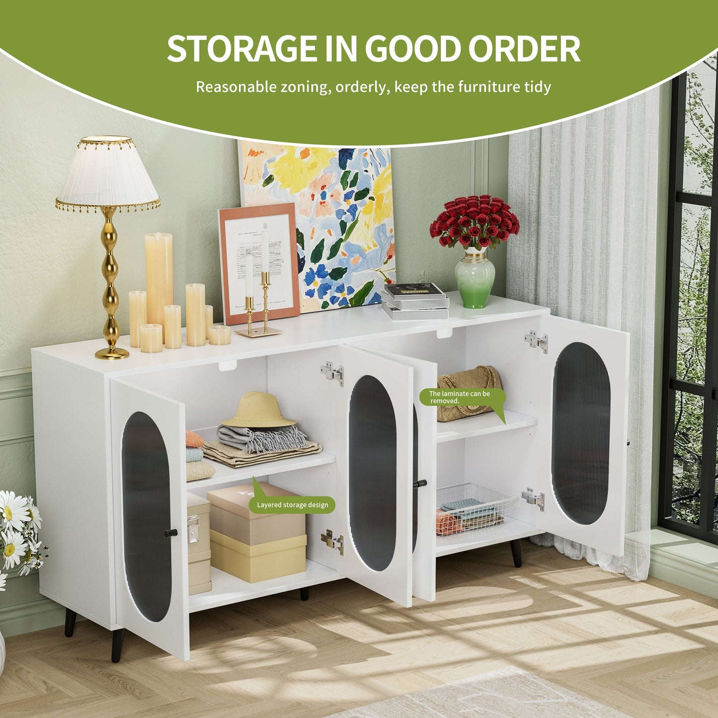 Buffet d'Accent Blanc Moderne avec Portes en Acrylique
