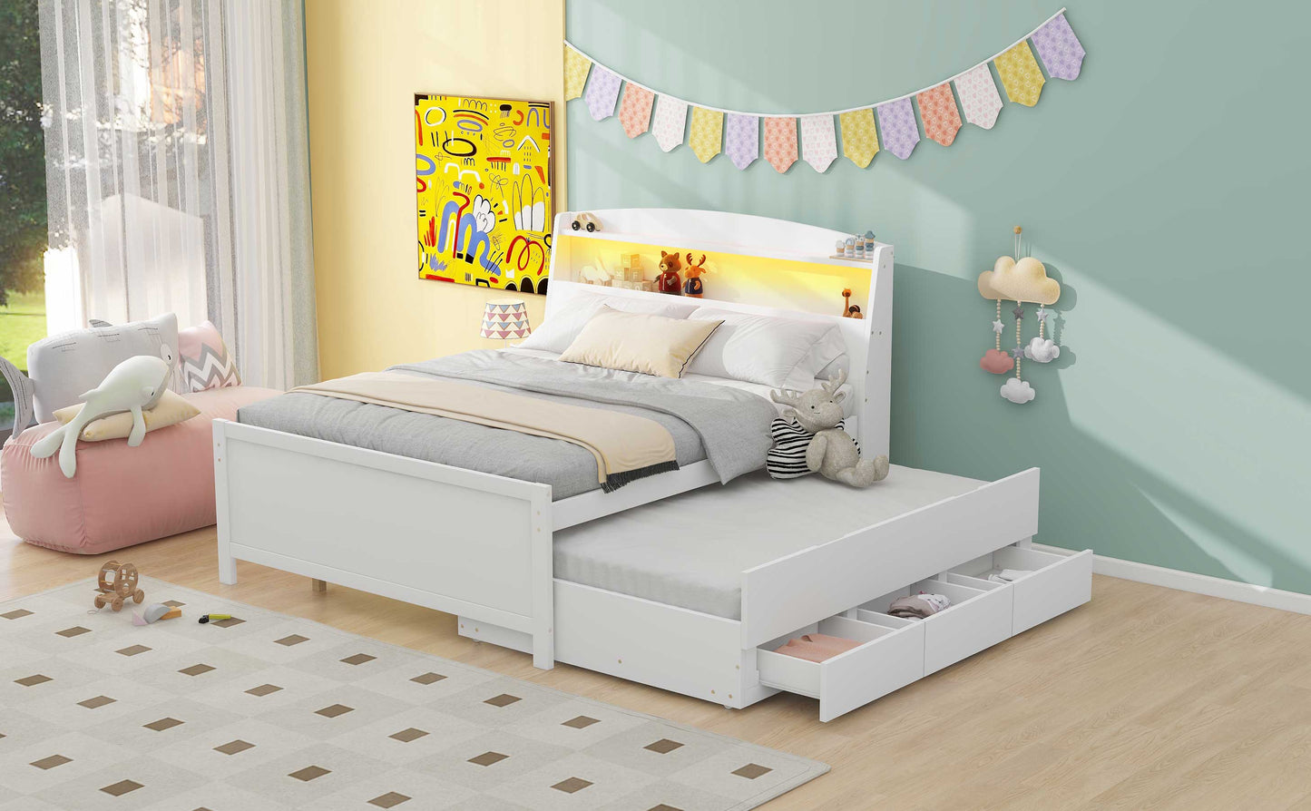 Full Size Platform Bed with Storage LED Headboard  Twin Size Trundle and 3 Drawers White - Korvel