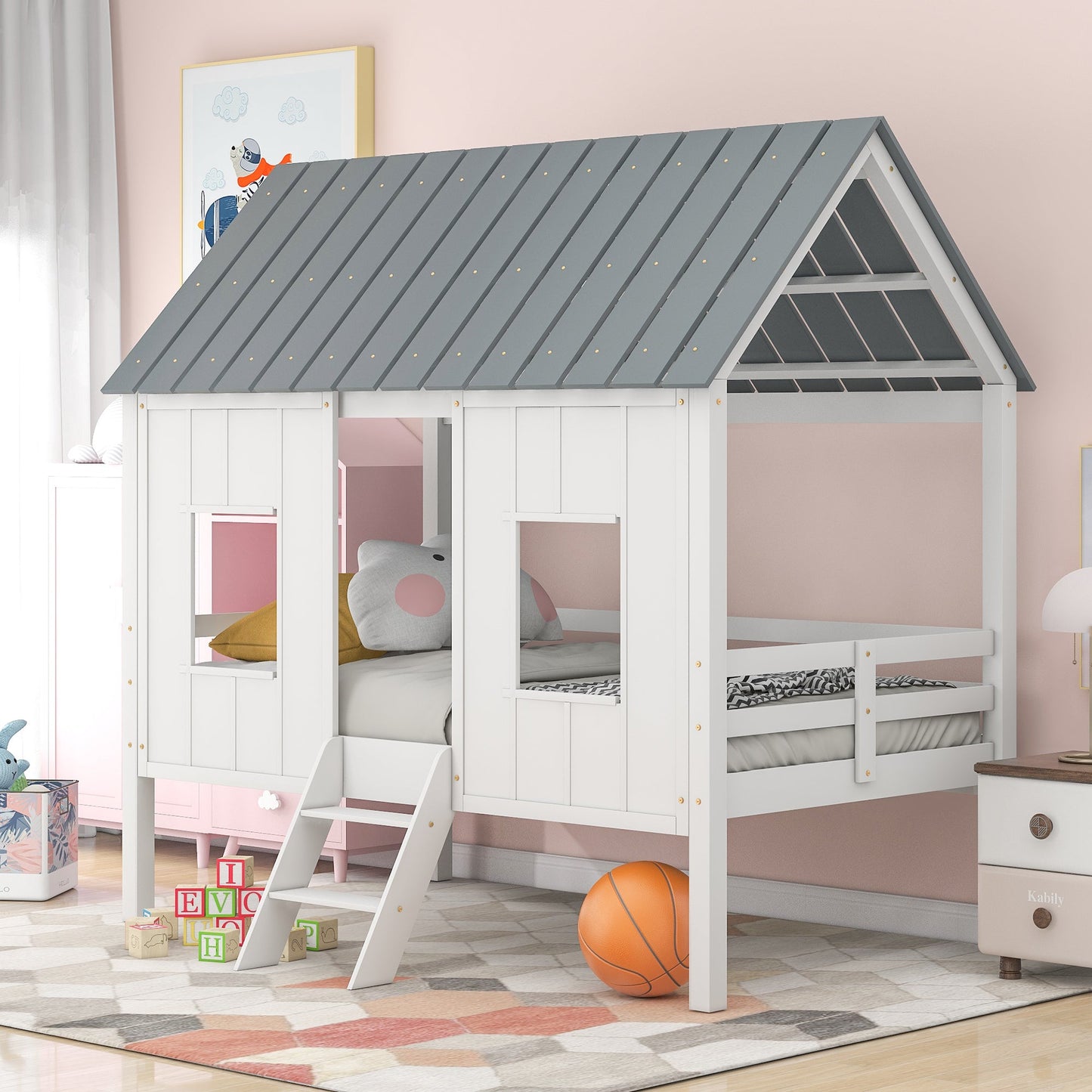 Twin Size Low Loft House Bed with Roof and Two Front Windows White - Korvel