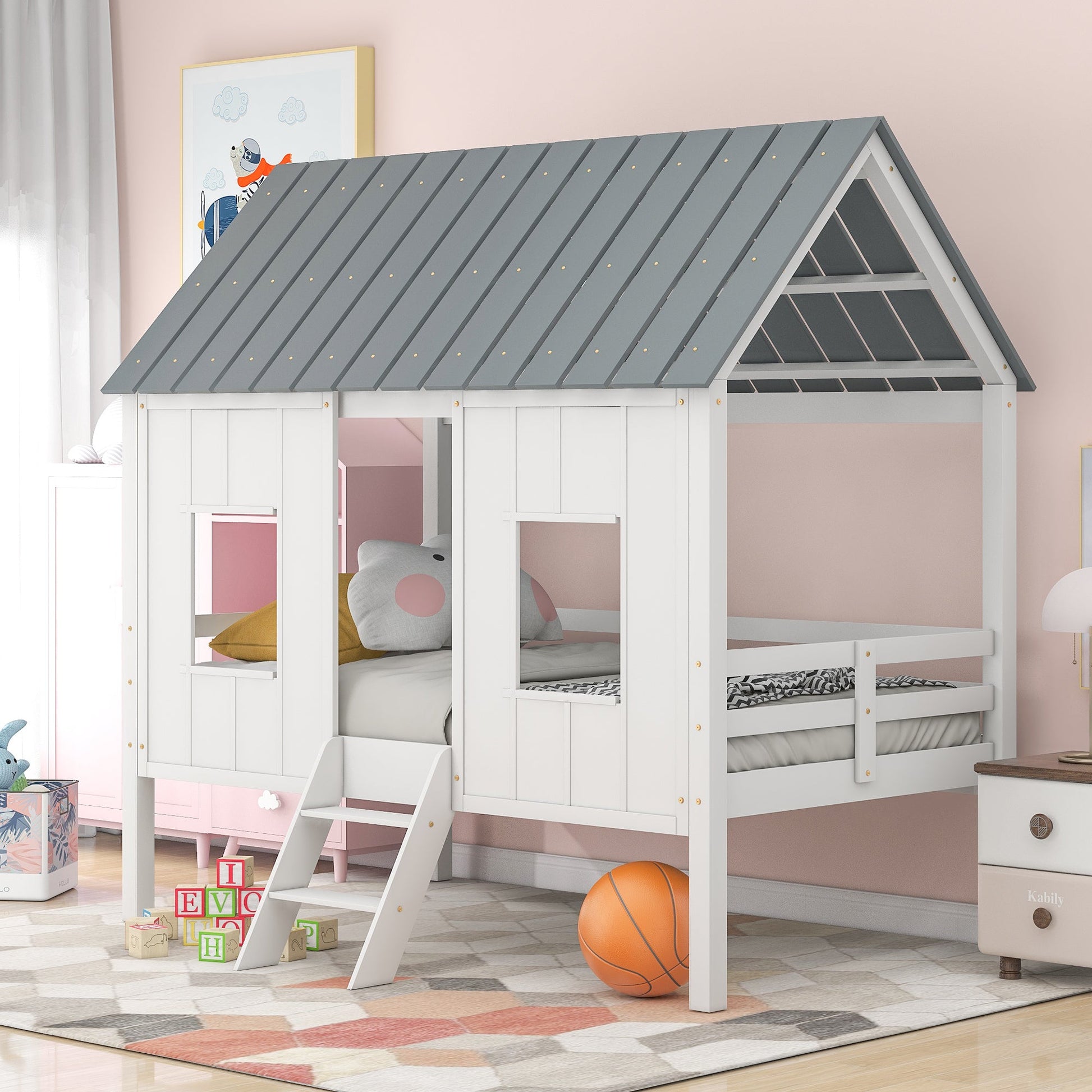 Twin Size Low Loft House Bed with Roof and Two Front Windows White - Korvel