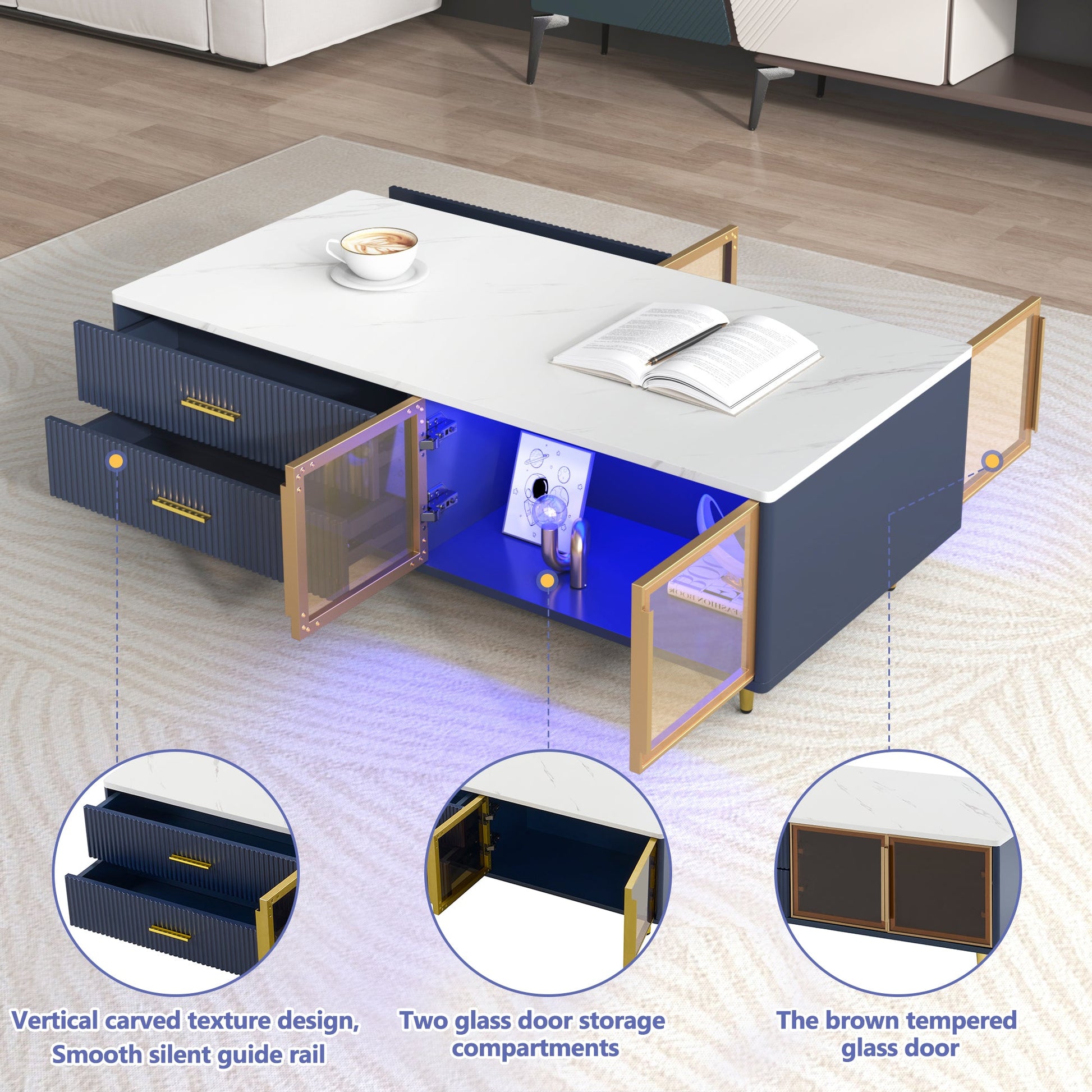 Modern Navy Blue Coffee Table with 2 Glass Door Storage, 4 Drawers, Gold Metal Legs, and Multi-Color Lighting in 47.2'' - Korvel