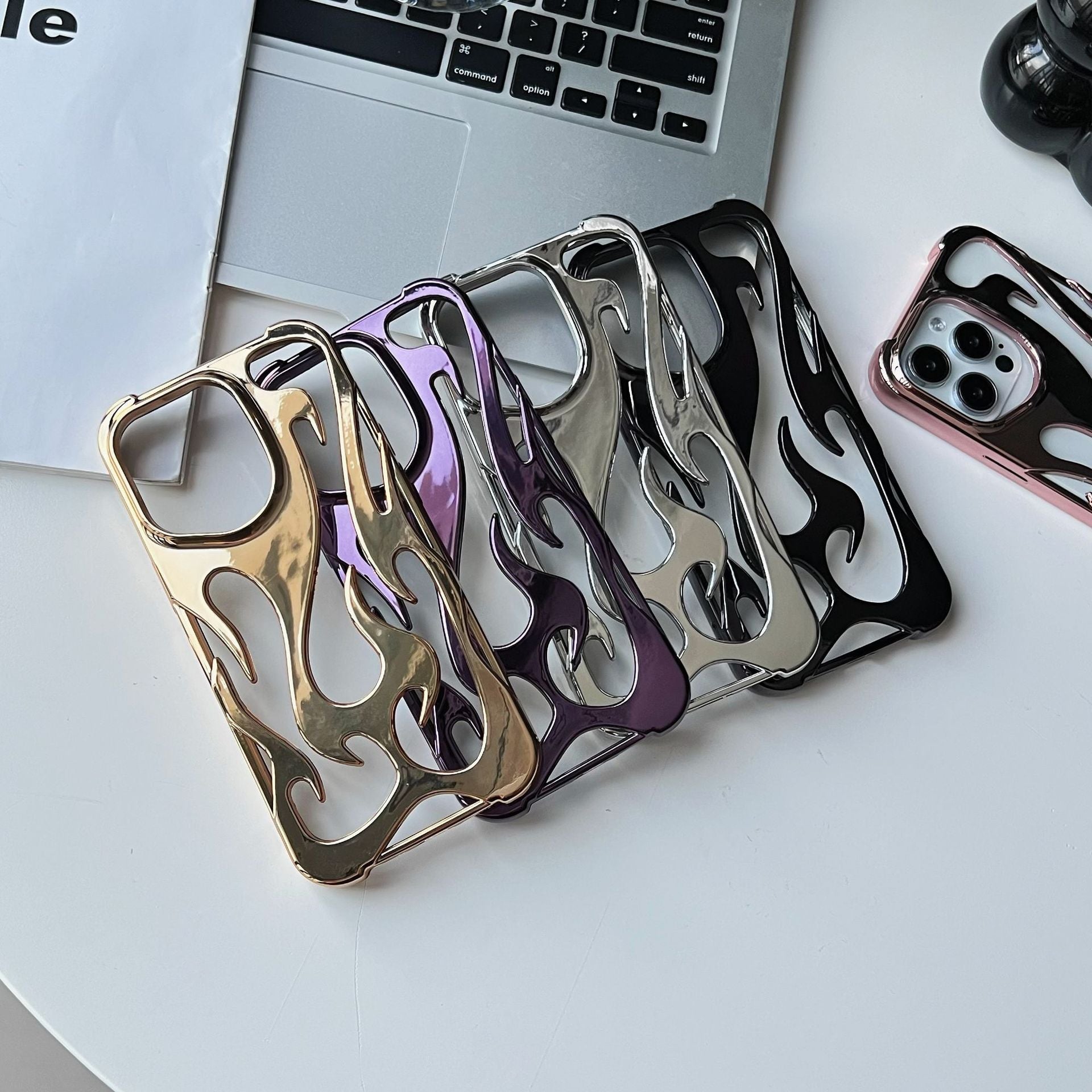 Electroplated hollow flame pattern phone case suitable for iPhone 15 Pro, simple all inclusive, Apple 14 anti drop protective cover - Korvel