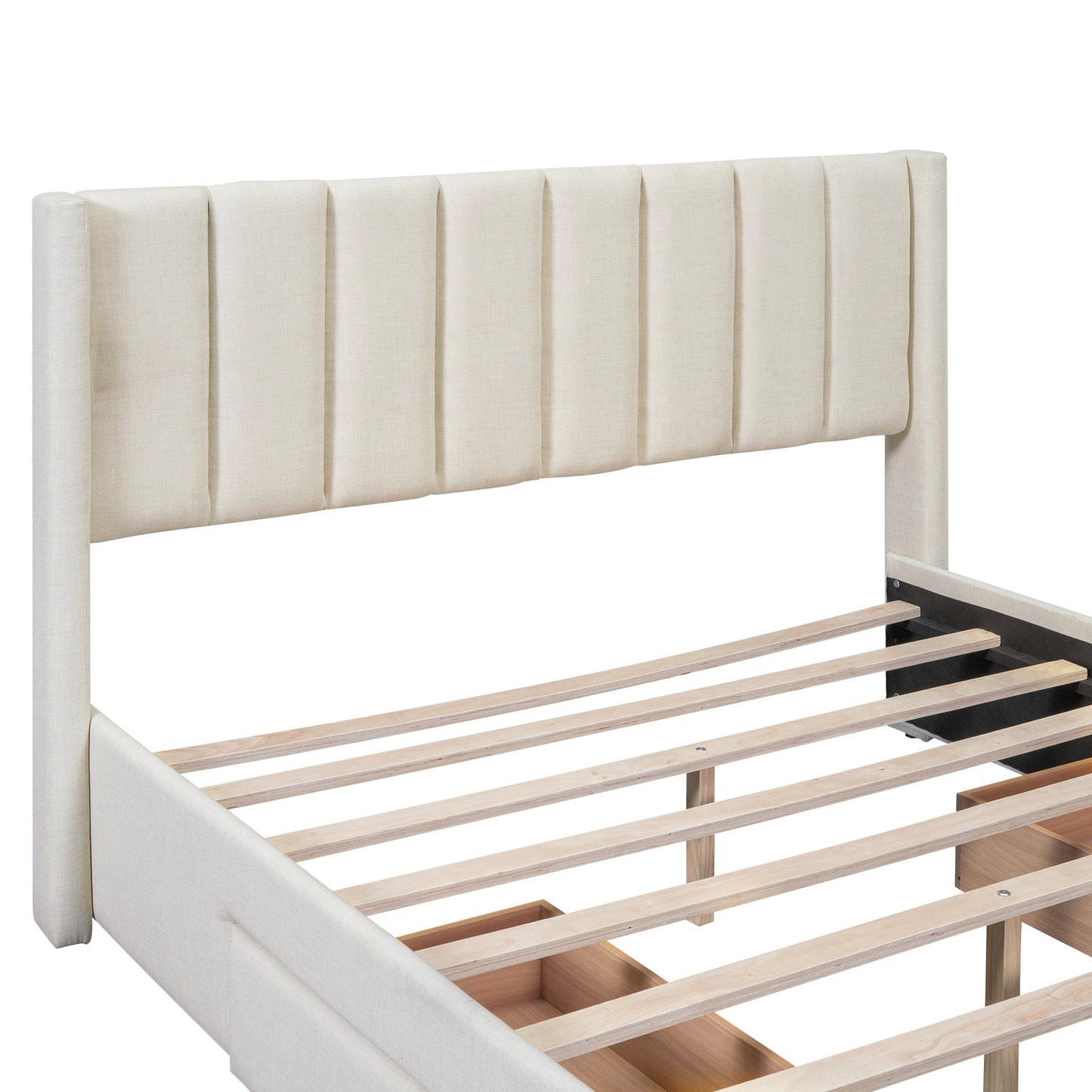 Full Size Upholstered Platform Bed with One Large Drawer in the Footboard and Drawer on Each Side Beige - Korvel