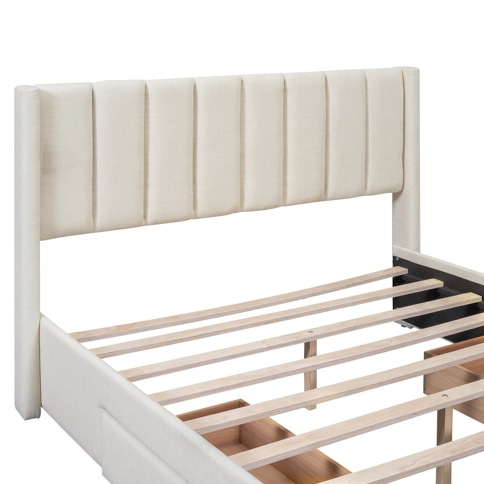 Full Size Upholstered Platform Bed with One Large Drawer in the Footboard and Drawer on Each Side Beige - Korvel