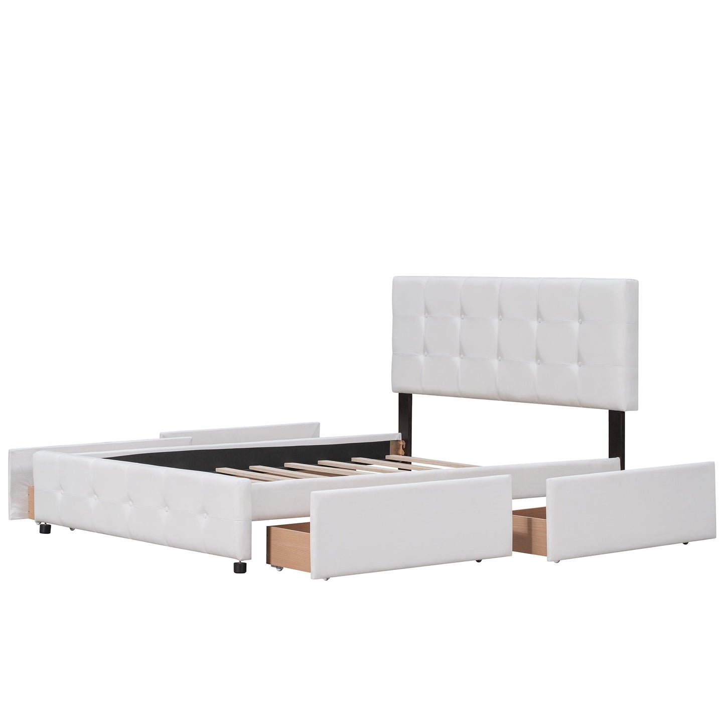 Upholstered Platform Bed with Classic Headboard and 4 Drawers No Box Spring Needed Linen Fabric Queen Size White - Korvel