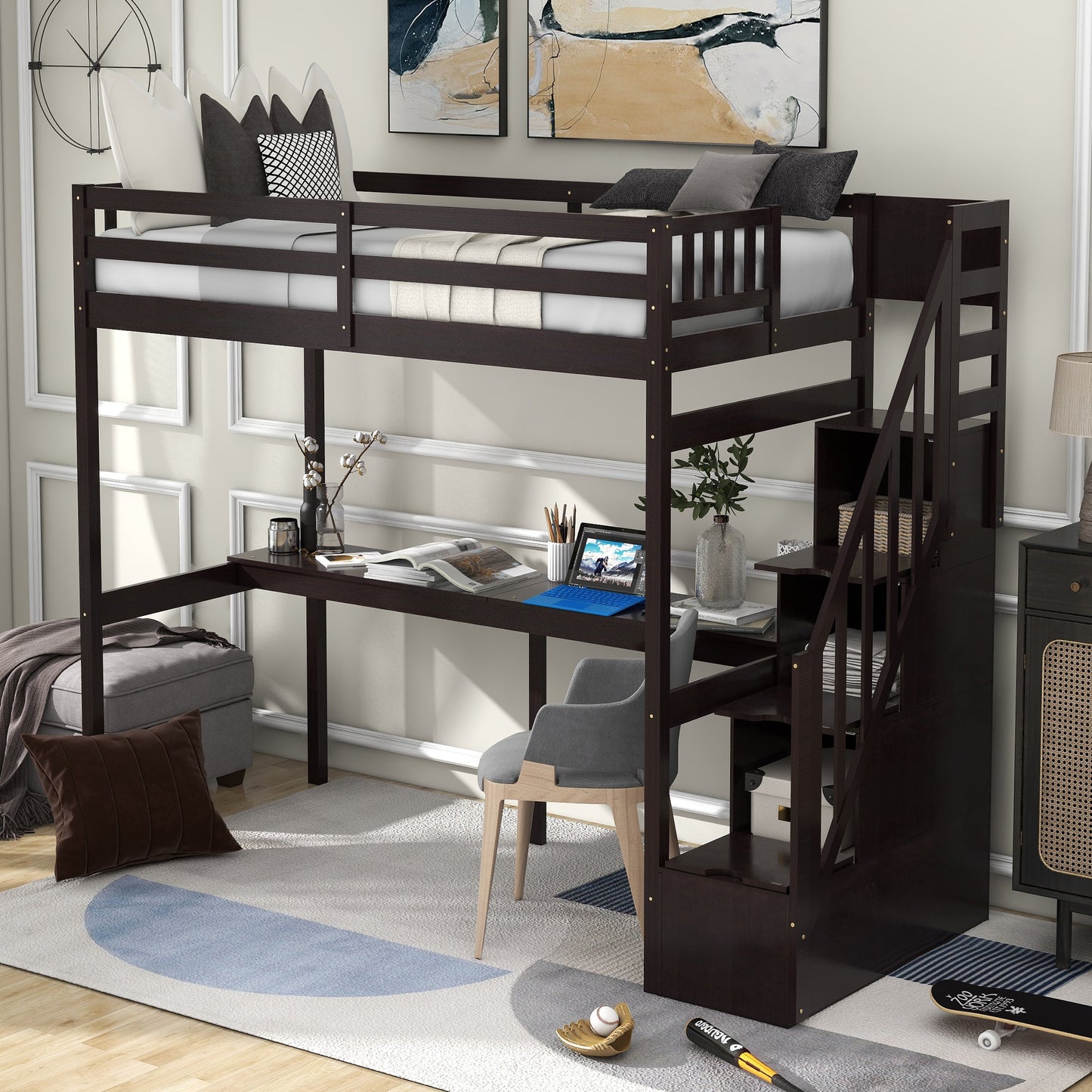 Twin Size Loft Bed with Storage Staircase and Built-in Desk - Espresso
