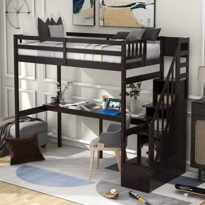 Twin Size Loft Bed with Storage Staircase and Built-in Desk - Espresso