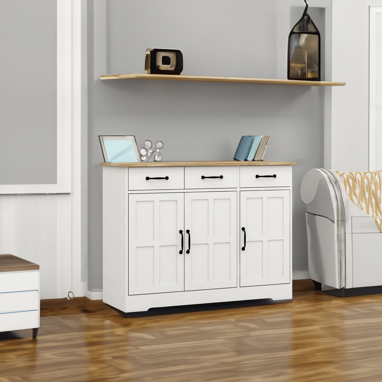 Farmhouse Buffet Cabinet Storage Sideboard with 3 Drawers and 3 Doors for Dining Living Room Kitchen Cupboard-White - Korvel