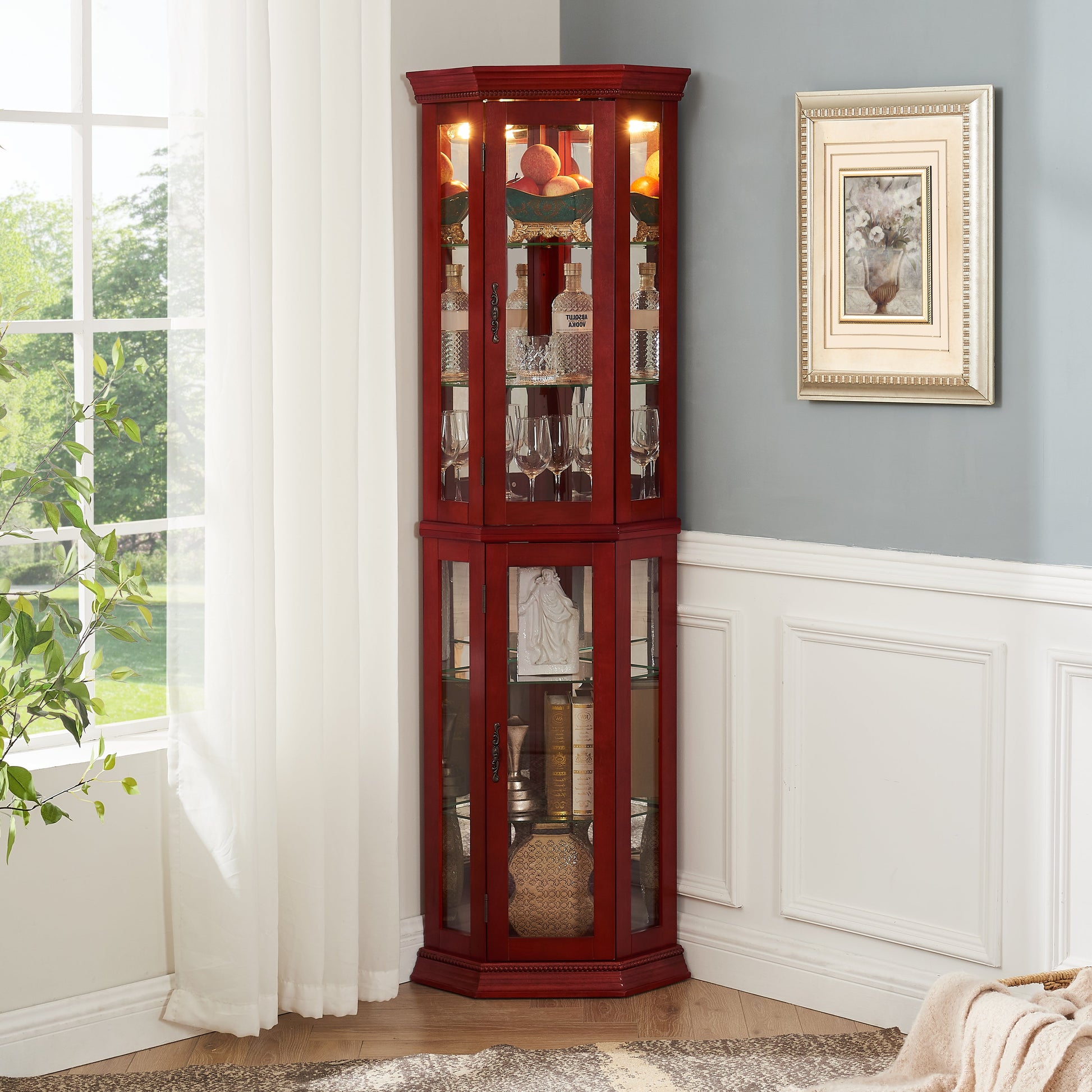 Corner Curio cabinet with illuminated glass display stand and tempered glass door, with adjustable bracket and light bulb - Korvel