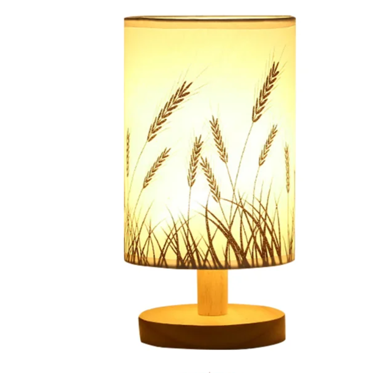 Linen Table Lamp LED Linen Night Lamp w/Warm White Light Linen Nightstand Lamp USB Powered Wooden Beside Lamp - Korvel
