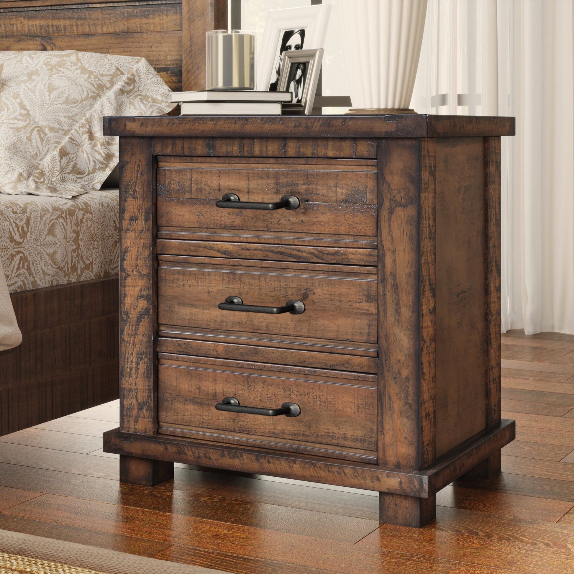 Rustic Three Drawer Reclaimed Solid Wood Framhouse Nightstand - Korvel