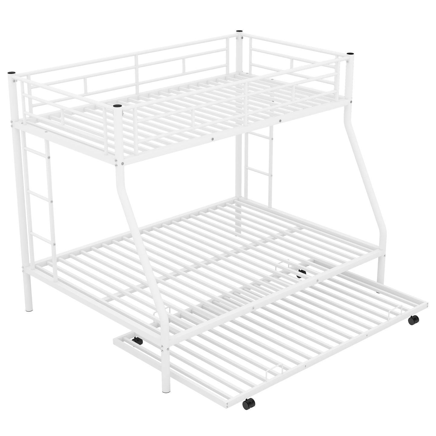 Twin over Full Bunk Bed with Trundle and Steel Frame - White