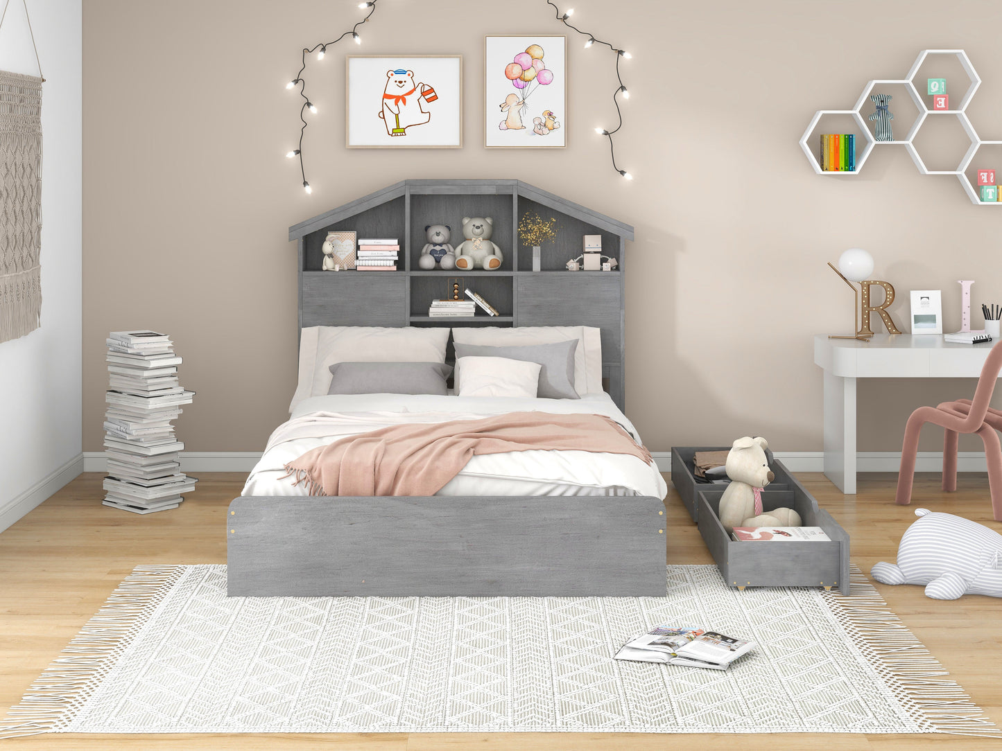 Full Size Wood Platform Bed with Storage Headboard - Gray