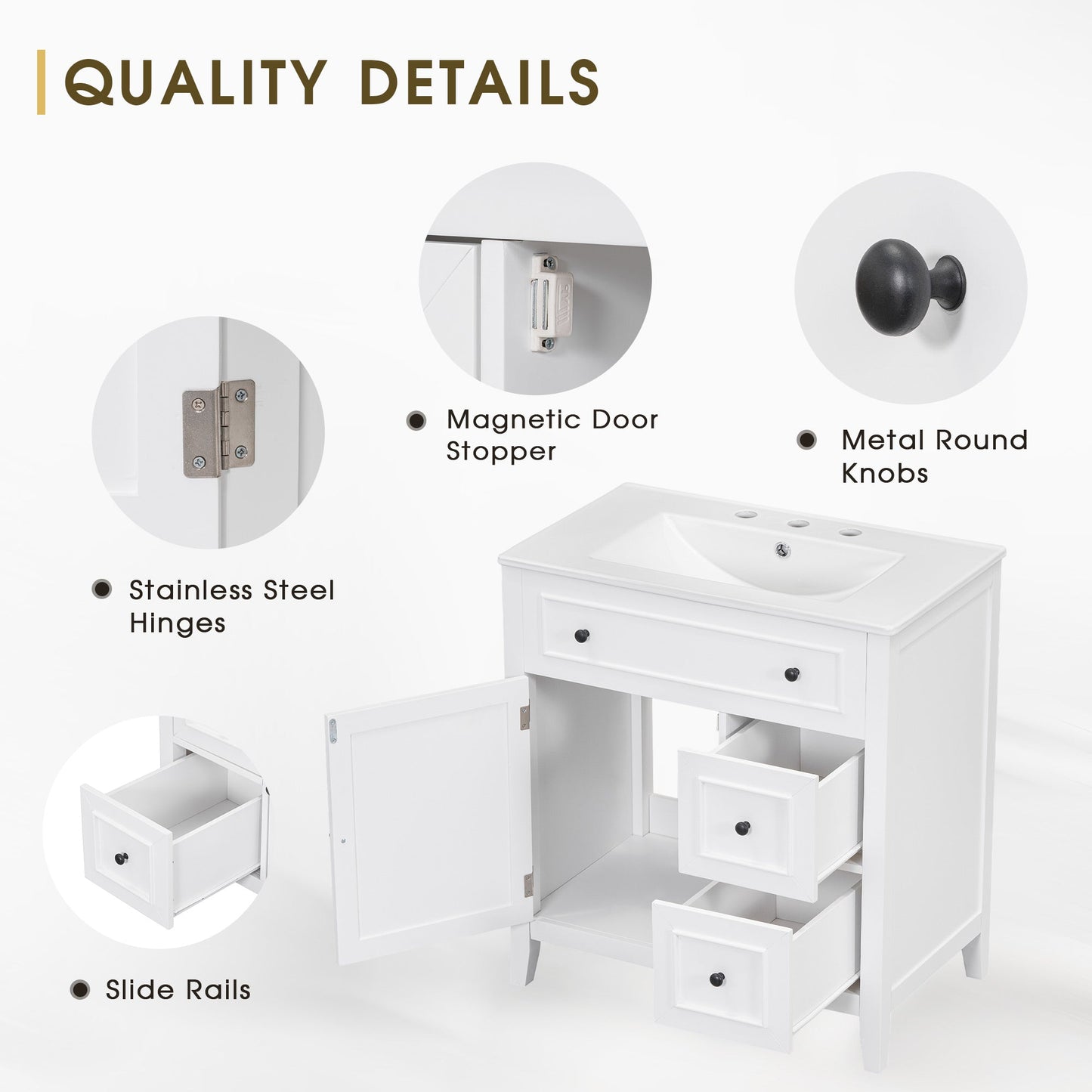 30" Bathroom Vanity with Sink Top, Bathroom Vanity Cabinet with Door and Two Drawers, Solid Wood Frame, One Package, White - Korvel