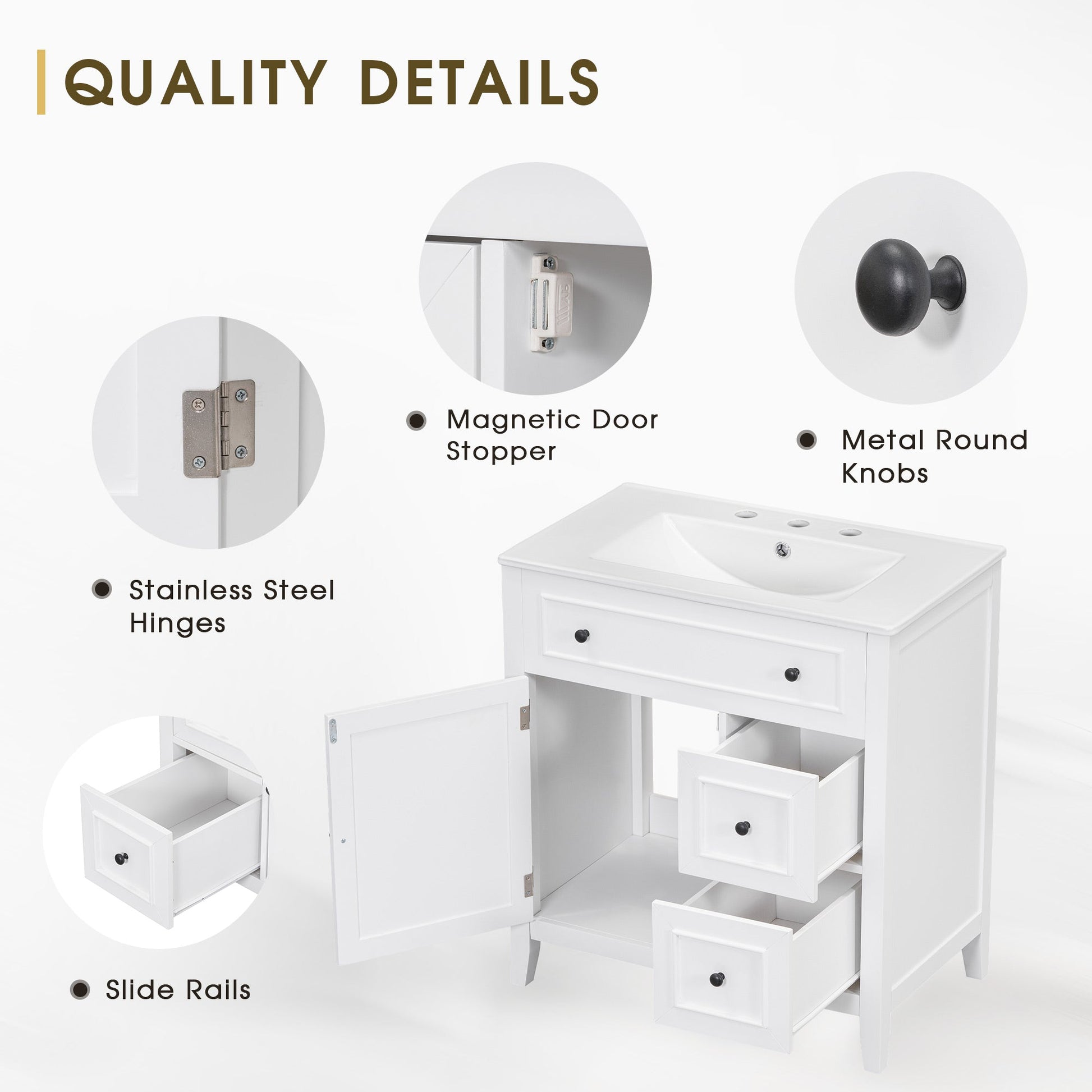 30" Bathroom Vanity with Sink Top, Bathroom Vanity Cabinet with Door and Two Drawers, Solid Wood Frame, One Package, White - Korvel