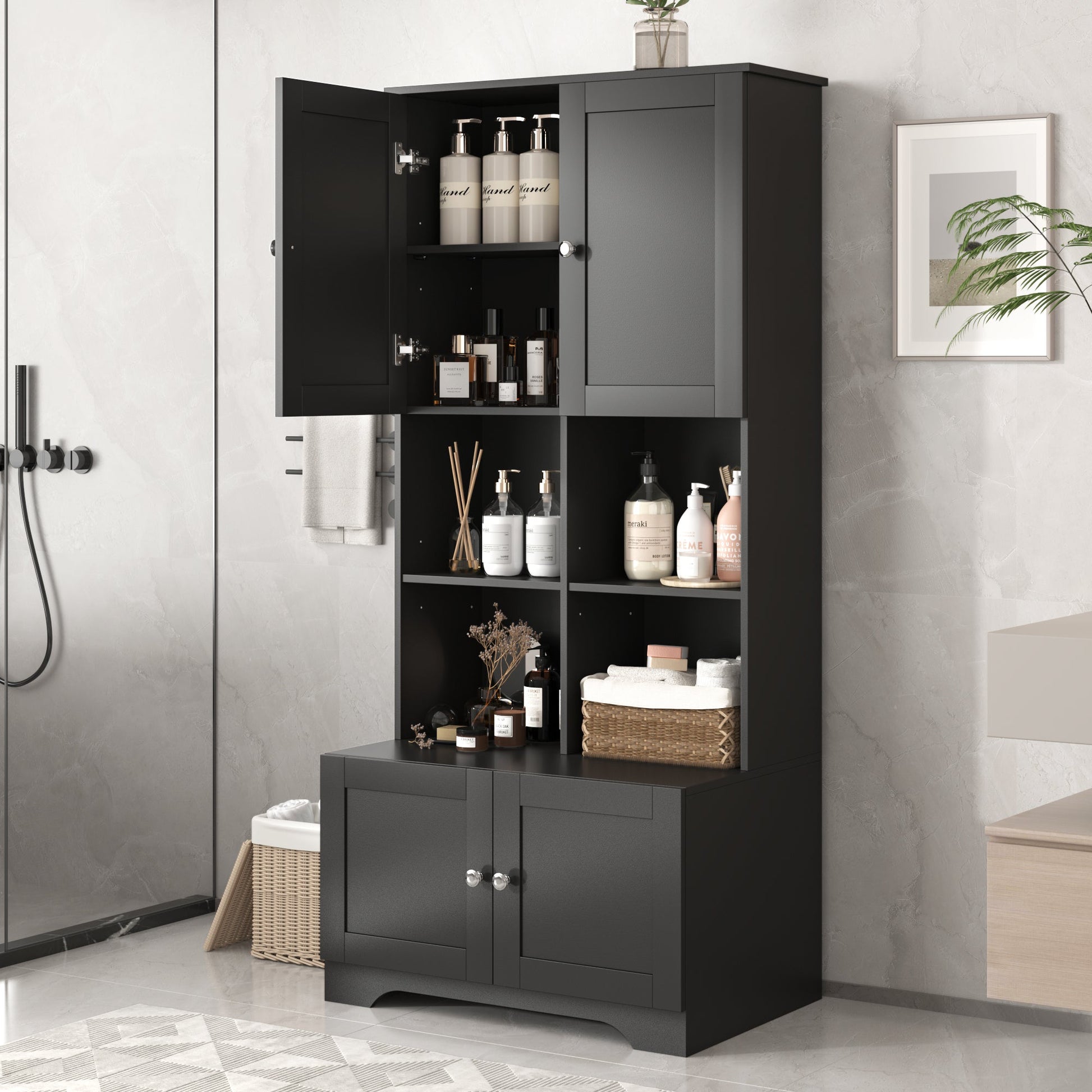 Bathroom storage cabinet, 4-door independent cabinet, adjustable shelf, open multi-layer shelf, black - Korvel
