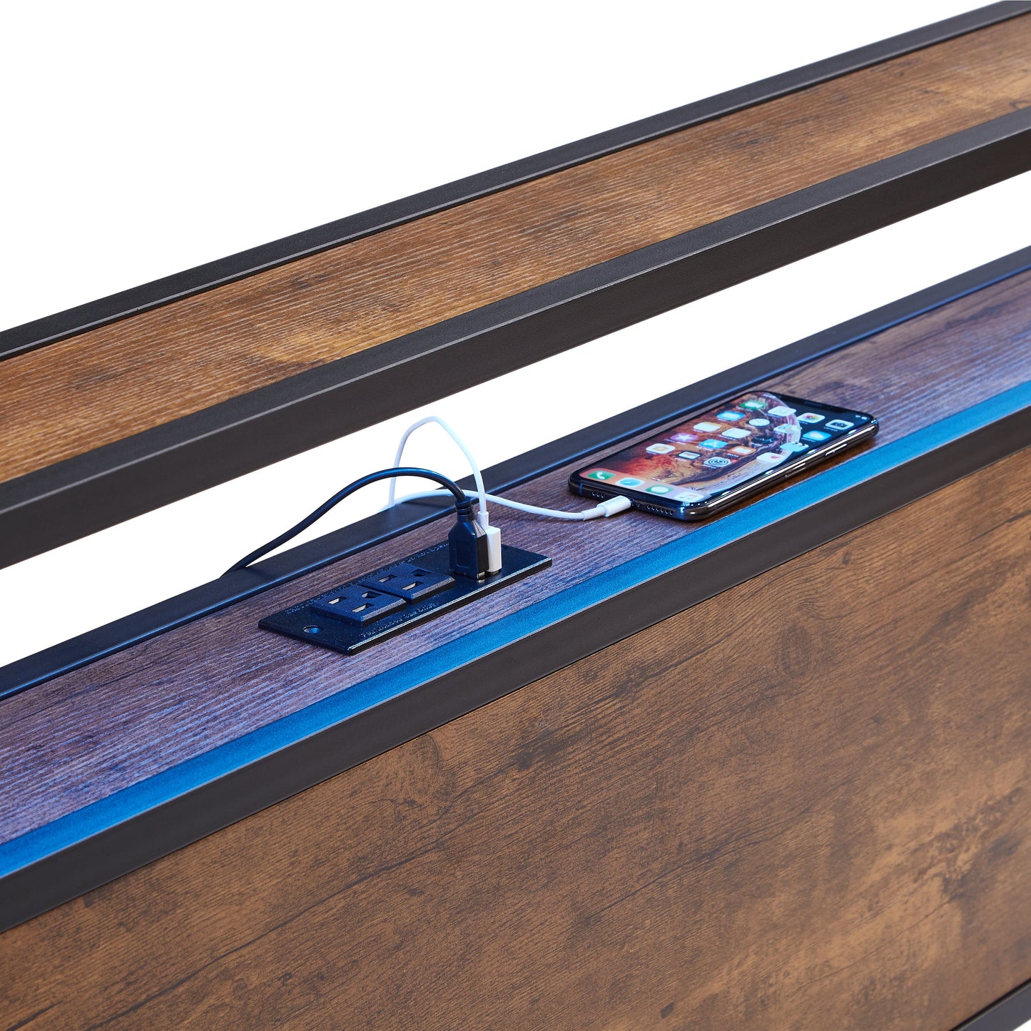 Extra large metal platform bed frame with wooden headboard and footrest, USB LINER, LED lights - Korvel