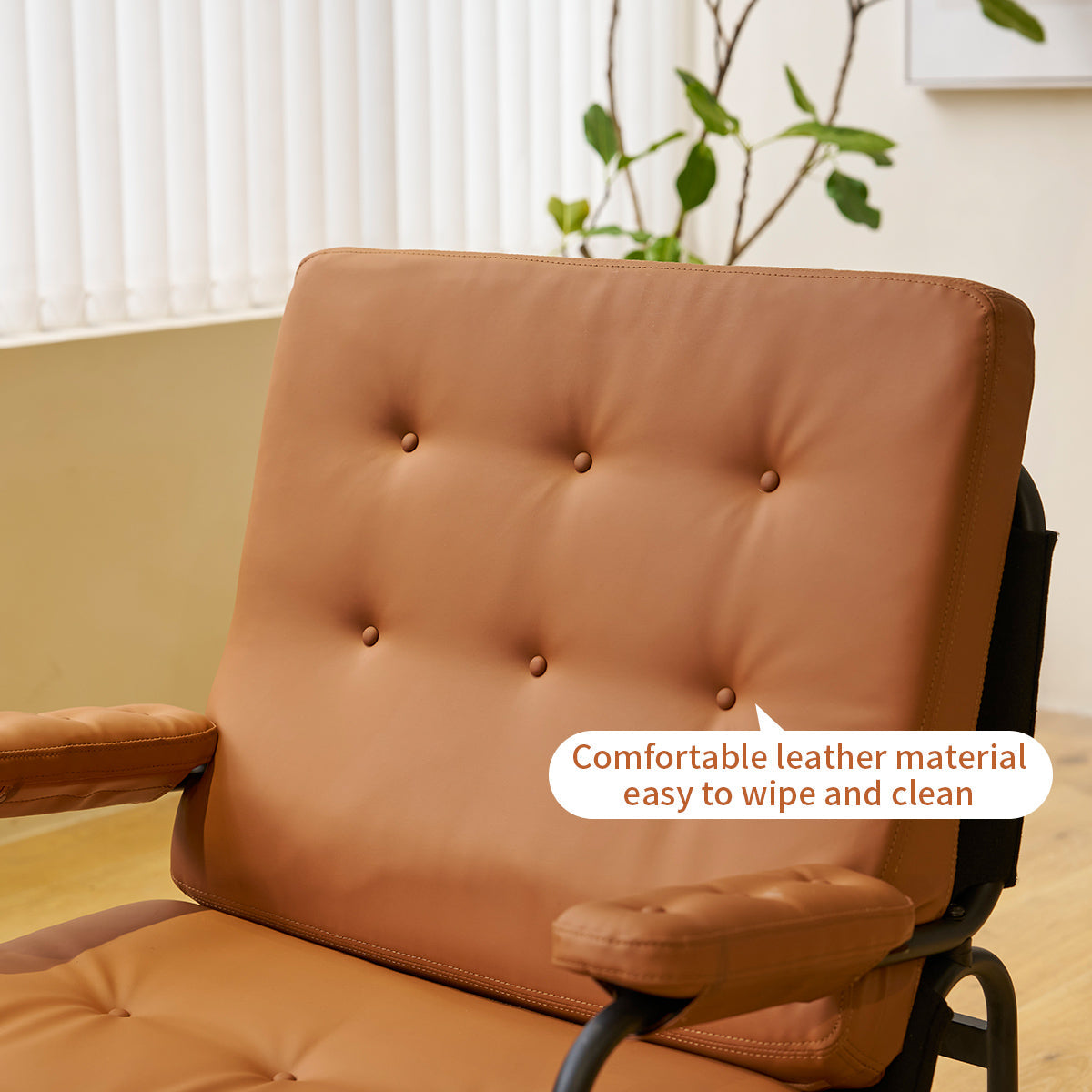 Living room chair with adhesive leather armrests, high backrest, metal legs, and soft padding (1 piece in brown) - Korvel