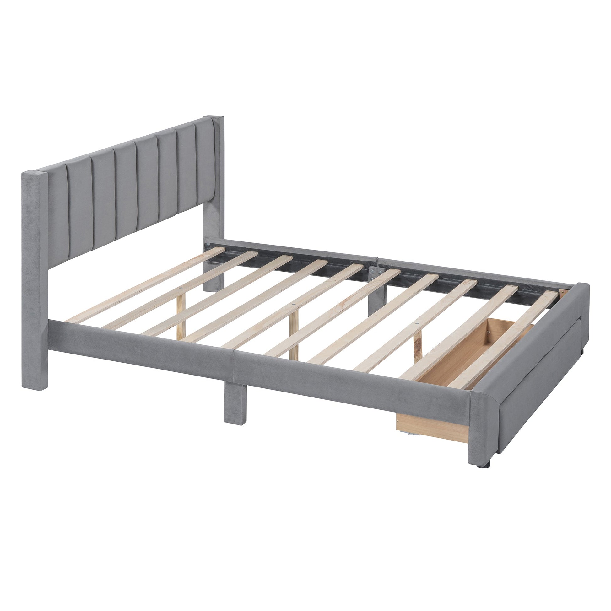 Full Size Storage Bed Velvet Upholstered Platform Bed with a Big Drawer - Gray - Korvel