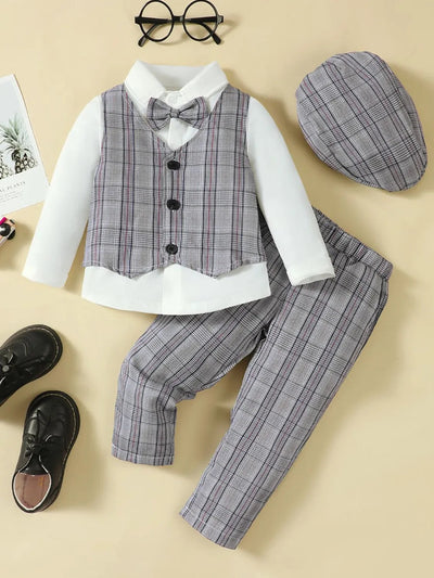 4-Piece Outfit Set: Hat, Long Sleeve Shirt, Plaid Vest & Pants