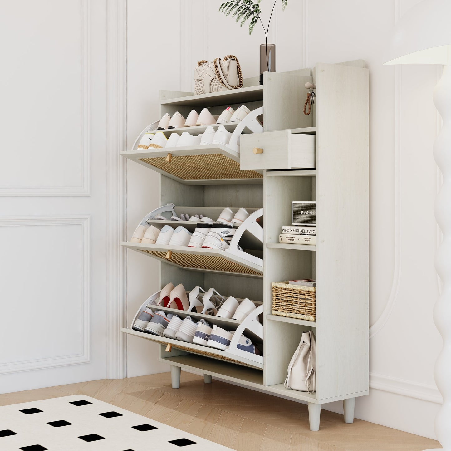 Natural Bohemian style shoe cabinet with 3 rattan flip drawers, 3 square shelves, and 1 storage drawer, white - Korvel
