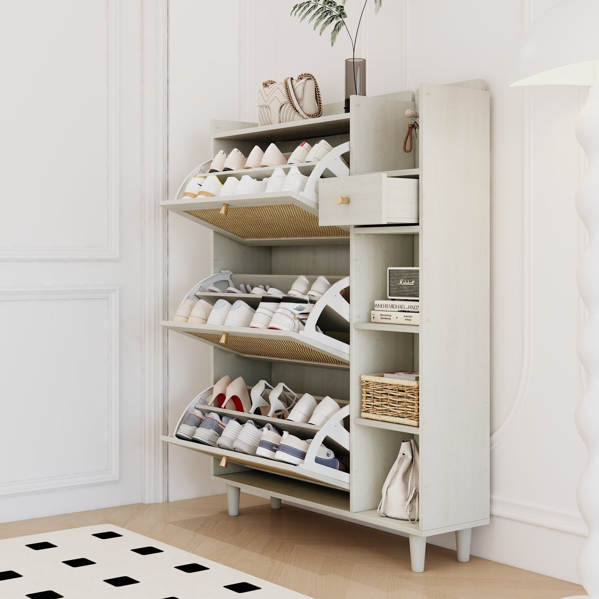 Natural Bohemian style shoe cabinet with 3 rattan flip drawers, 3 square shelves, and 1 storage drawer, white - Korvel