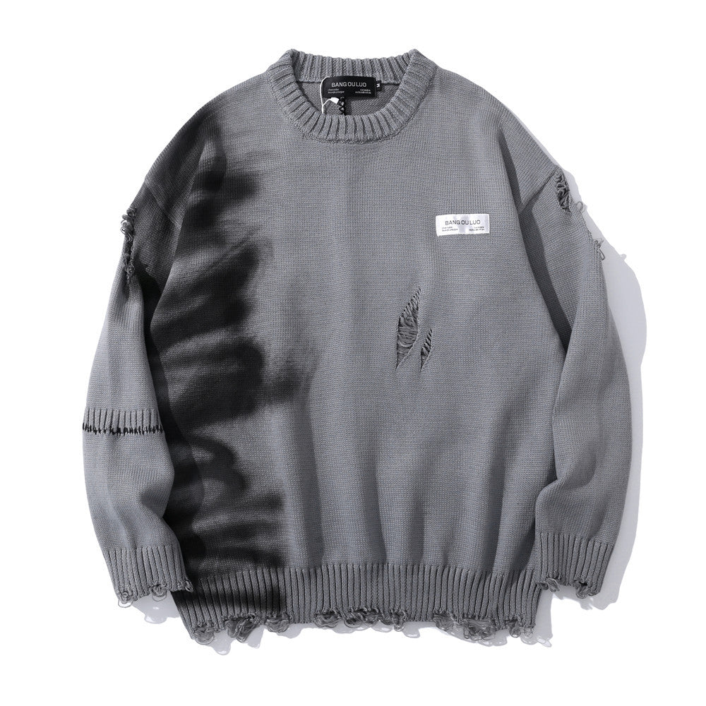 Graffiti Print Crew Neck Knit Sweater Men's Loose Fit Pullover with Hem Holes Street Style Trendy Design - Korvel
