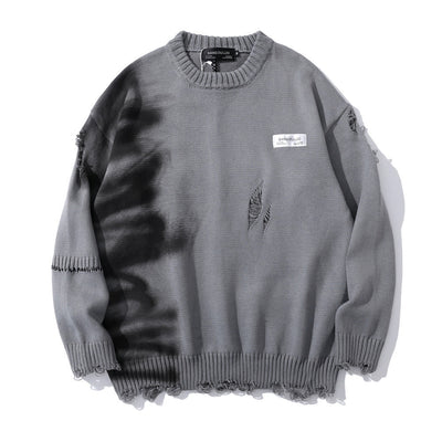 Graffiti Print Crew Neck Knit Sweater Men's Loose Fit Pullover with Hem Holes Street Style Trendy Design - Korvel