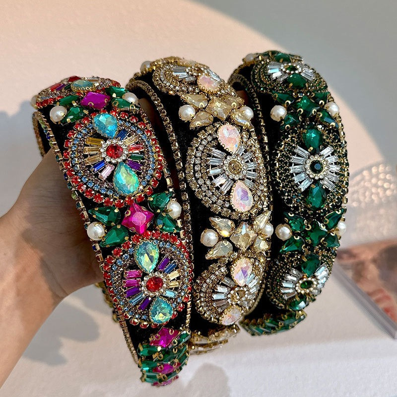 Super Sparkling Colored Diamond Pearl Baroque Retro Women's Sponge Head Hoop - Korvel