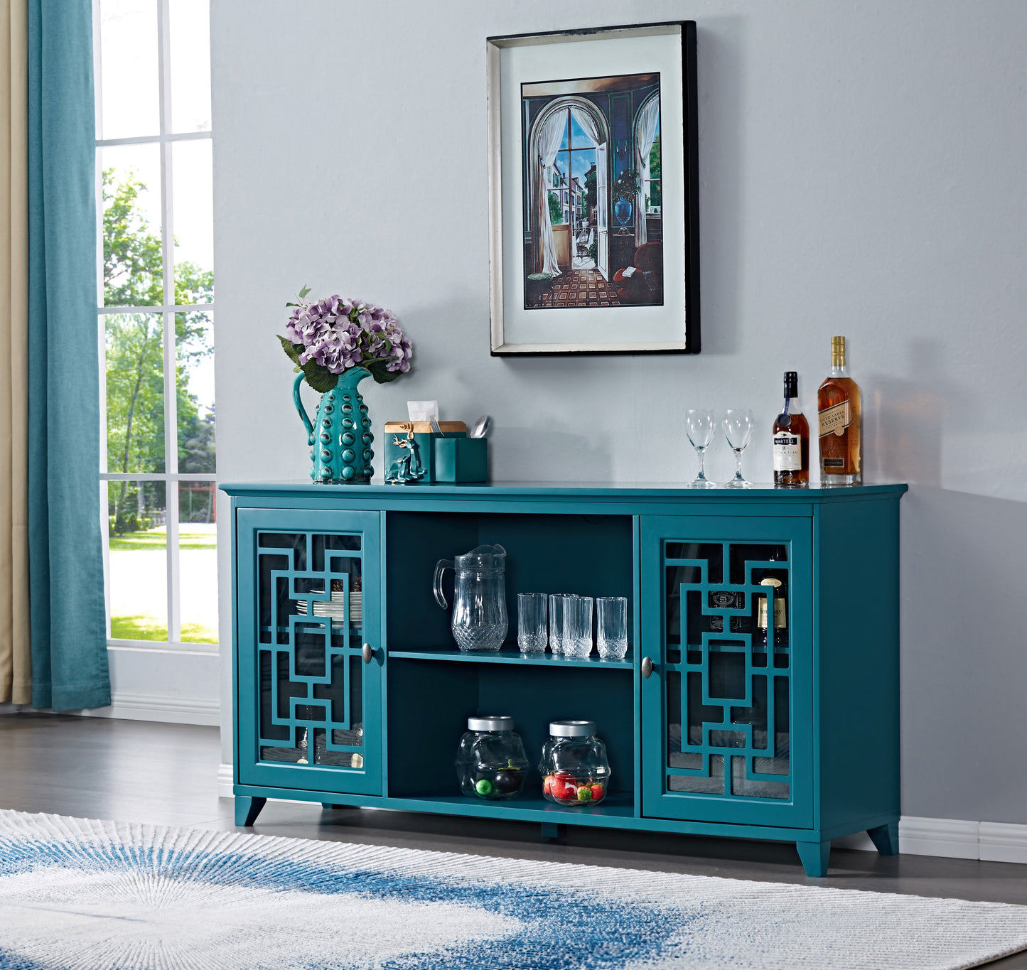 60" Teal Blue Sideboard Buffet Table & Storage Cabinet