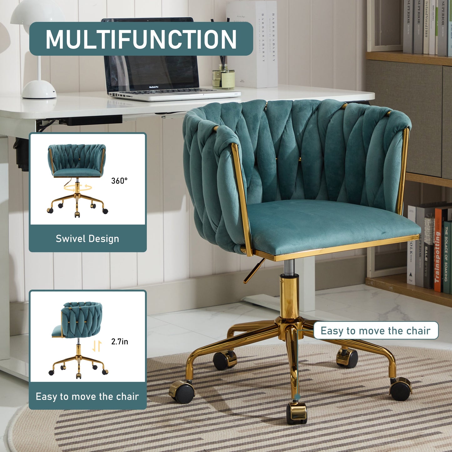 Accent Chair Makeup Chair with Hand Woven Backrest, Modern 360° Swivel Home Office Desk Chair for Study (GREEN) - Korvel