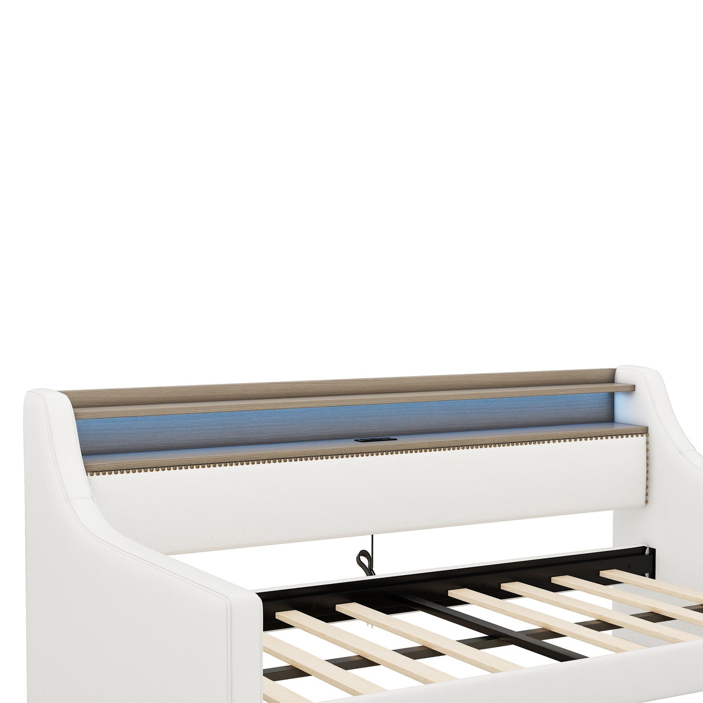 Twin Size Daybed with Drawers, Upholstered Daybed with Charging Station and LED Lights, White - Korvel