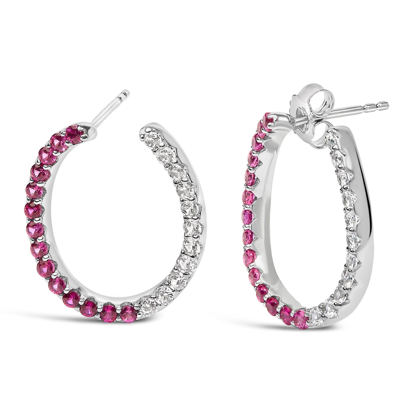 Boucles d'oreilles créoles en argent sterling avec rubis et saphirs blancs