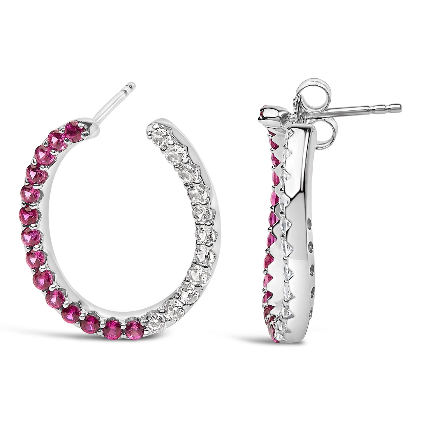 Boucles d'oreilles créoles en argent sterling avec rubis et saphirs blancs