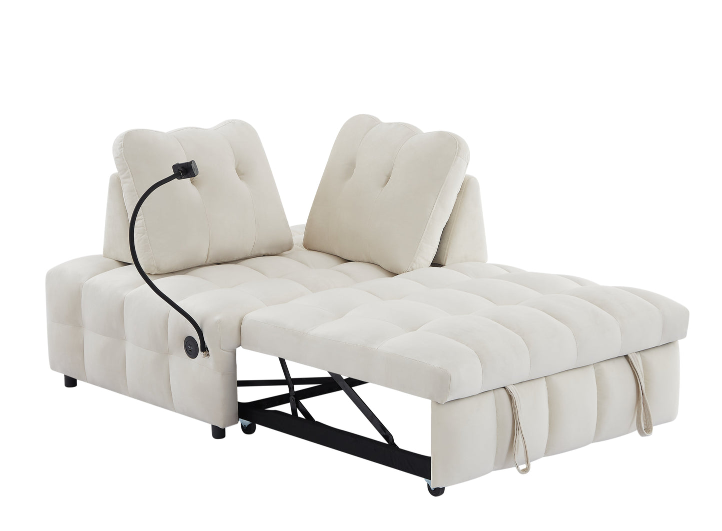 Beige Velvet Modern Sofa with Pull-Out Bed and USB Port