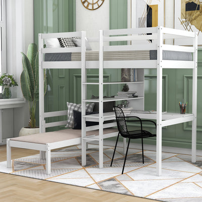 Convertible Loft Bed with L-Shape Desk, Twin Bunk Bed with Shelves and Ladder White - Korvel