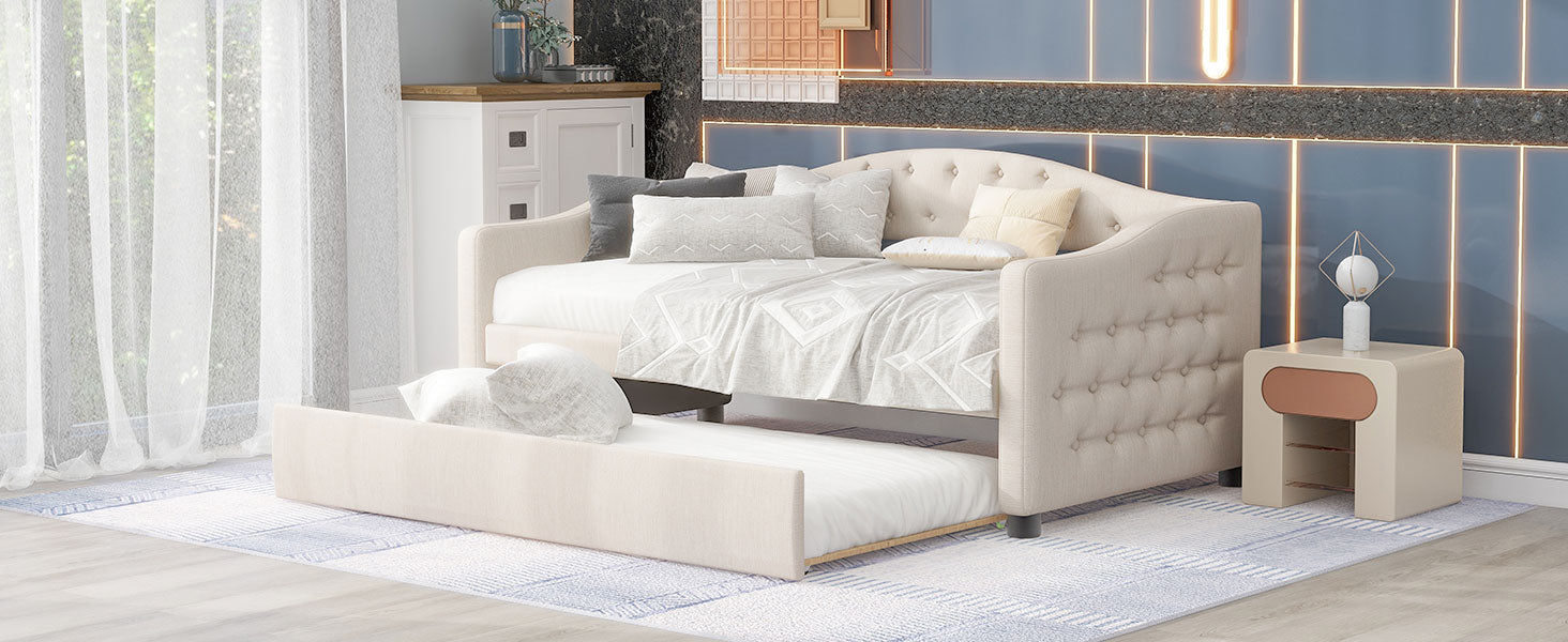 Upholstered Twin Size Daybed with Trundle, Beige - Korvel