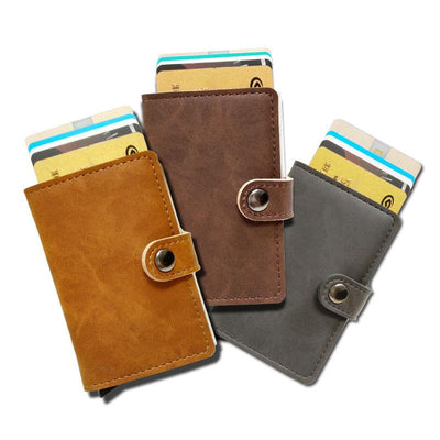 RFID Protected Vintage Automatic Leather Credit Card Holder Men Aluminum Alloy Hasp Business ID Multifunction Cardholder Wallet - Korvel