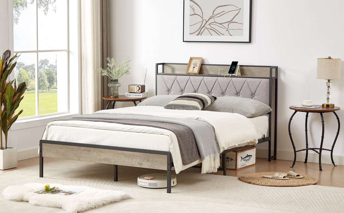 Premium Grey Full Size Bed Frame with Charging Station