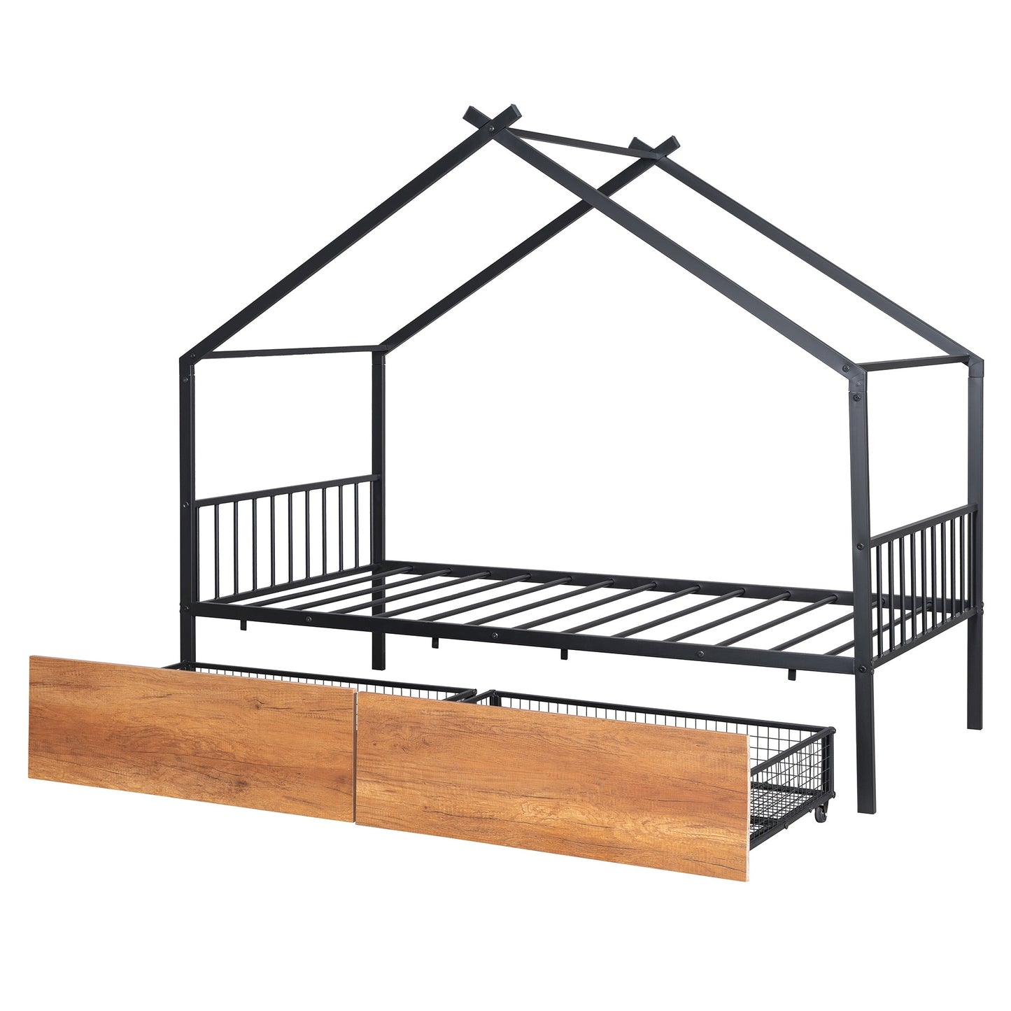 Twin Size Metal House Bed with Two Drawers - Black
