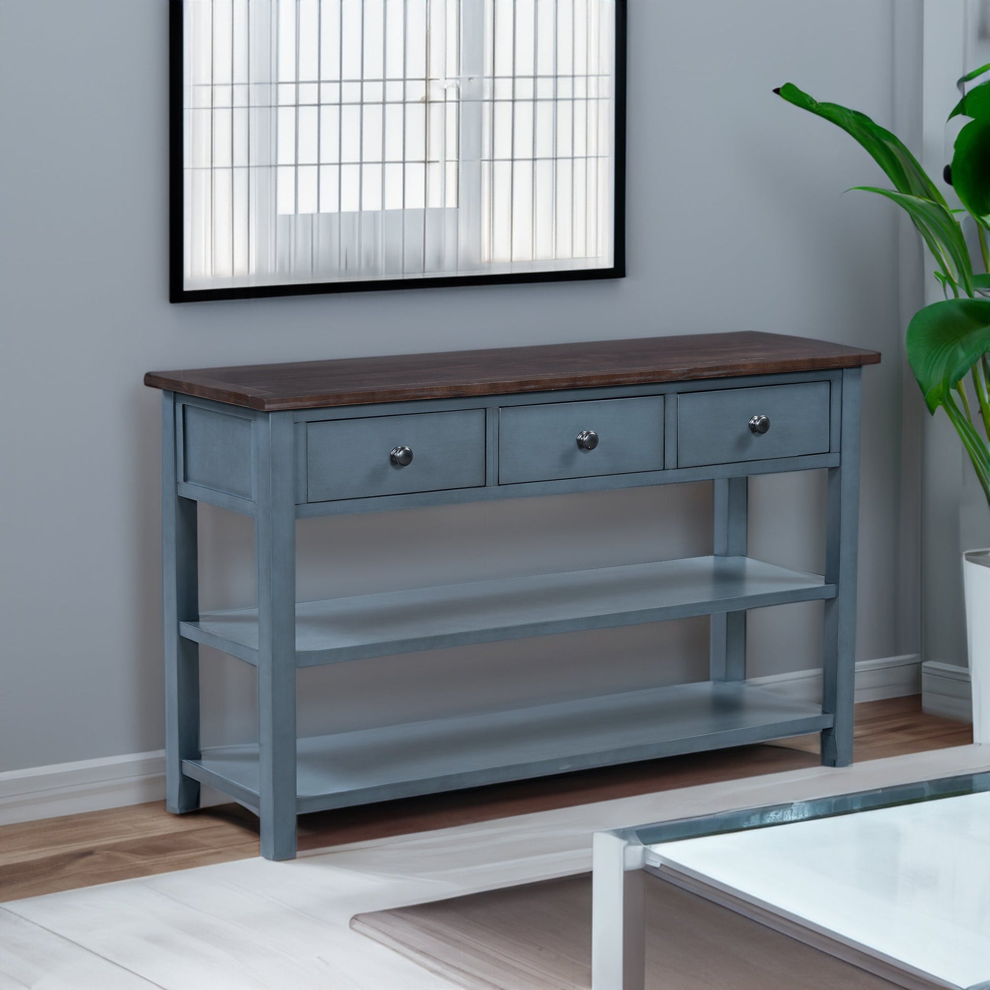 Retro Design Console Table with Two Open Shelves, Pine Solid Wood Frame and Legs for Living Room (Antique Navy+Espresso) - Korvel