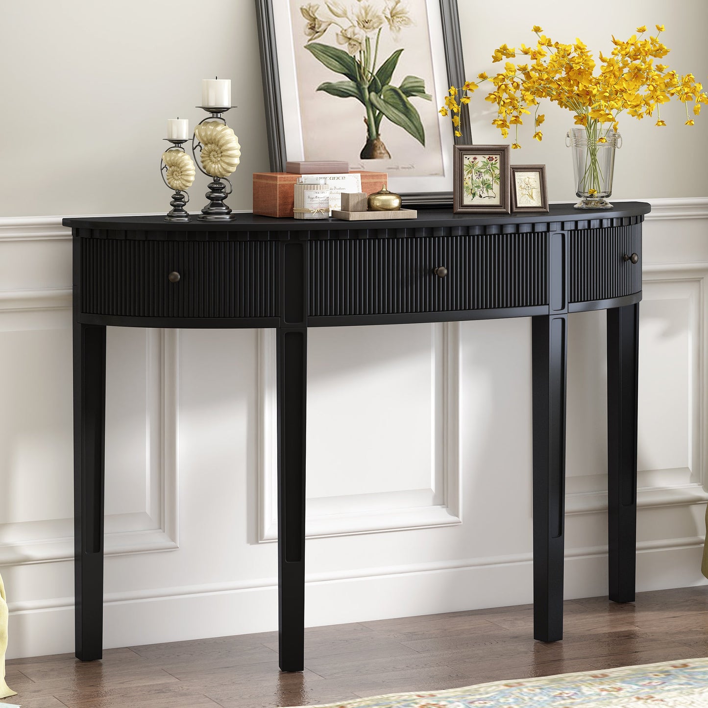 U-Style Distinctive Features of Pine Veneer Console Table with Vertical Stripe Drawer Fronts and Four Legs - Korvel