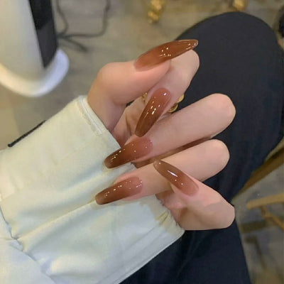 Ice Transparent Color Coffee Long Ballet Fake Nail Set