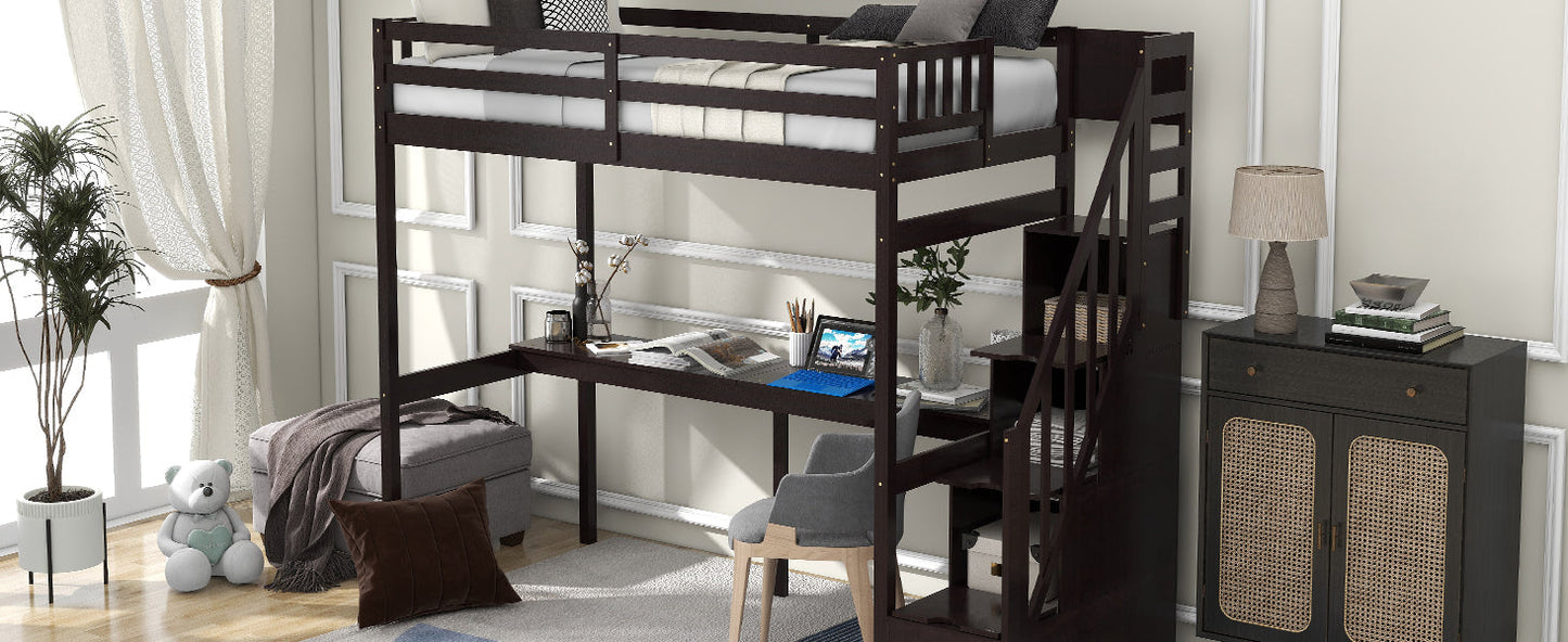 Twin Size Loft Bed with Storage Staircase and Built-in Desk - Espresso