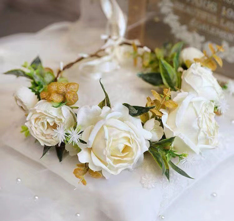 Simulated Rose Blossoms Adjustable Headwear Wreath Bridal Forest Flower Wedding Photography Scale Pretend - Korvel