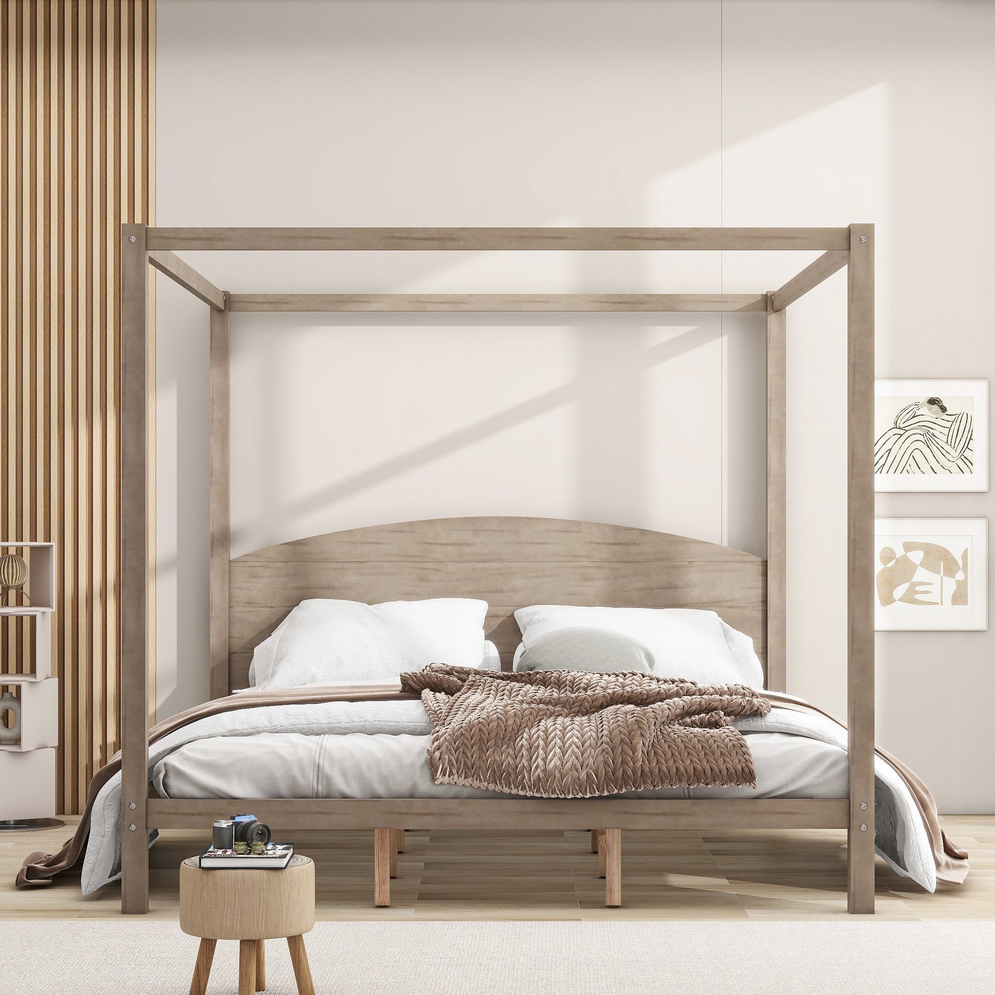 King Size Canopy Platform Bed with Headboard and Support Legs, Brown Wash - Korvel